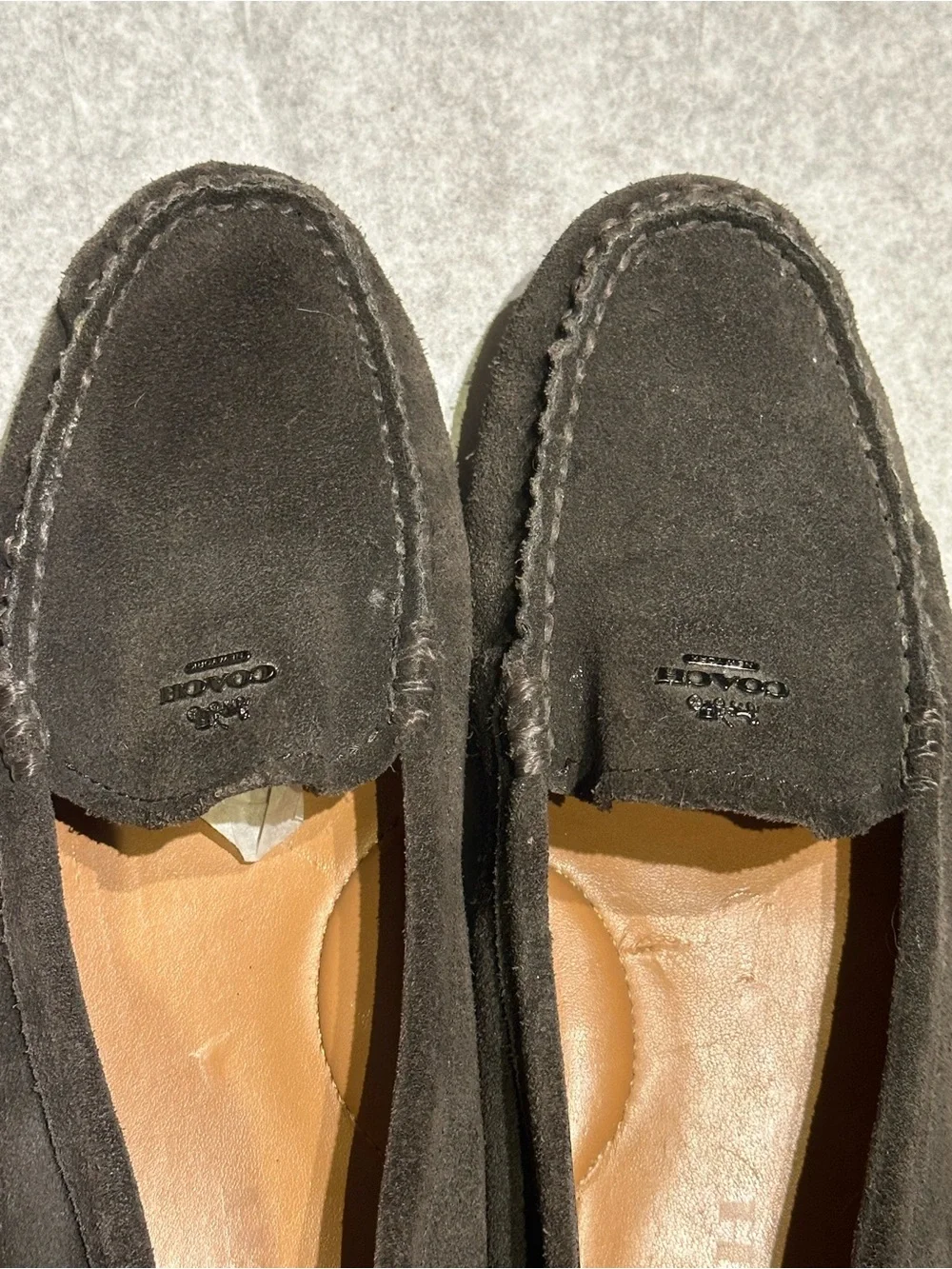Coach Amber Suede Driving Moccasins Piombo Gray Loafers Sz 8B Quiet Luxury